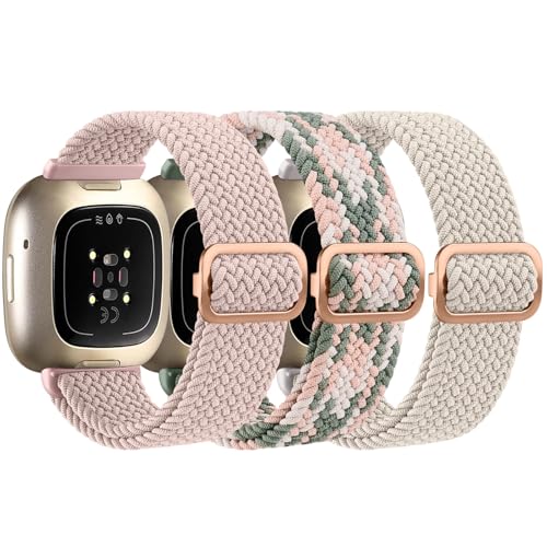 Yisica 3 Pack Elastic Solo Loop for Fitbi t Versa 4 Straps/Versa 3, Fitbi t Sense 2 /Sense Women/Men, Adjustable Stretchy Braided Sport Replacement Straps (Pink Sand+Starlight+Pink Starlight Green)