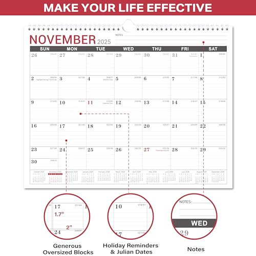 Wall Calendar 2025-2026 - 2025-2026 Calendar Wall from Jul. 2025 to Dec. 2026, 18 Monthly Calendar with Large Ruled Blocks and Julian Dates, Calendars for Easy Planning, 11.5\'\'x14.75\'\'