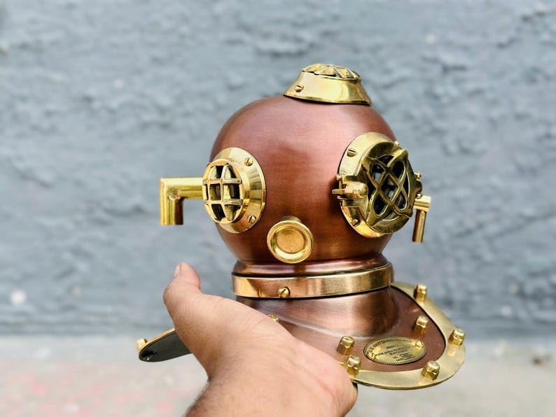 6'' Inch Deep Sea Divers Helmet | Copper Plated Mini Diving Helmet with Wooden Base | Nautical Tabletop Diving Helmet