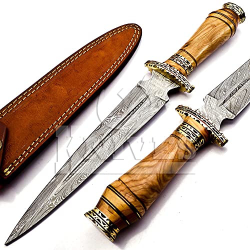 NoonKnives: Hand Made Damascus Steel Collectible Knife Handle Camel Bone with Brass Inserts (olive wood) - Thumbnail 6