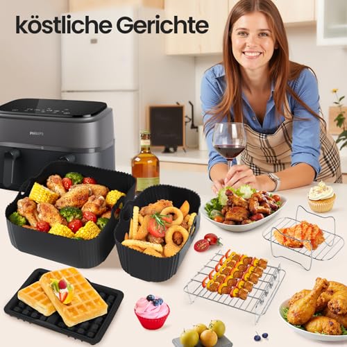 26 Stück Airfryer Zubehör für Philips - Dual Basket 3000/5000 Serie (6L/3L), Airfryer Zubehör enthält Silikonform, Backpapier, Waffeleisen, Grillrost für Philips NA350
