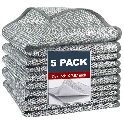 eioororriy 5PCS Microfibre Wire Dishcloths Non Scratch Steel Wool Cleaning Cloth With Diamond Lattice Weave For Kitchen Dishes Sinks And Stove Tops