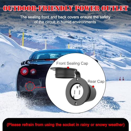 Image of RV Flanged Outlet with 15 Amp 120-125 Volt, Round Waterproof Cover, 2 Pole-3 Wire, NEMA 5-15 Truck Bed Outlet Commercial and Industrial Grade