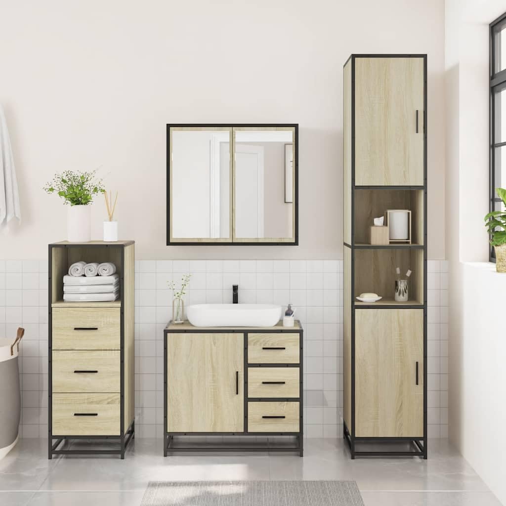 3-TLG. Zestaw mebli łazienkowych SONOMA Oak materiały na bazie drewna, szafka pod umywalkę z metalową ramą, szafka z lustrem, szafka łazienkowa, nowoczesny design do przechowywania