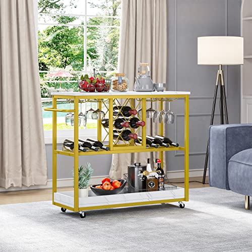 Yitahome Gold Bar Cart, Home Bar Serving Carts With Wine Rack Glasses Holder Kitchen Cart On Wheels For Living Room, Kitchen #TOP2