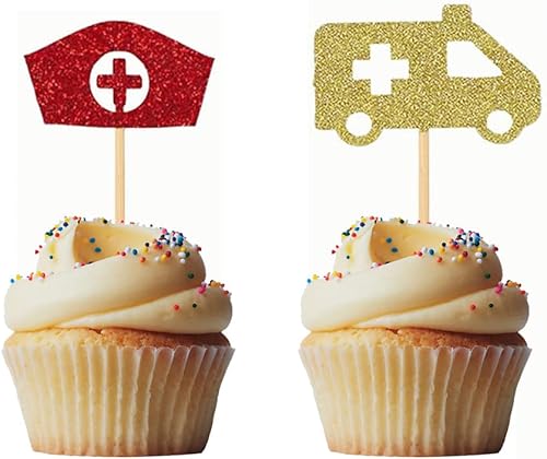 Miniatura 1 de Morndew 24 piezas de Ambulancia casquillo de enfermera para magdalenas para enfermera, fiesta de graduación, fiesta temática médica, fiesta de