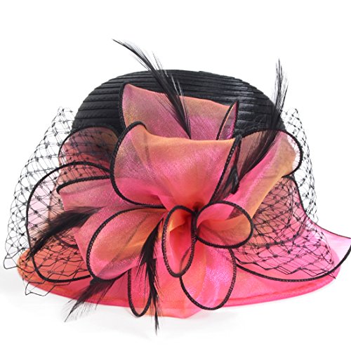 HISSHE Sweet Cute Cloche Oaks Church Dress Bowler Derby Wedding Hat Party S606-A, Rose, Medium - Thumbnail 2