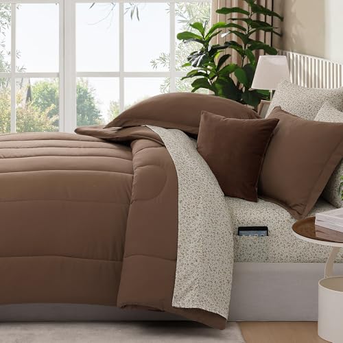Image of Monbix Queen Comforter Set - 7 Pieces Brown Bed in a Bag Queen Track Stitching Bedding Sets, All Seasons Comforter Bed Set with Sheets,Pillowcases & Shams