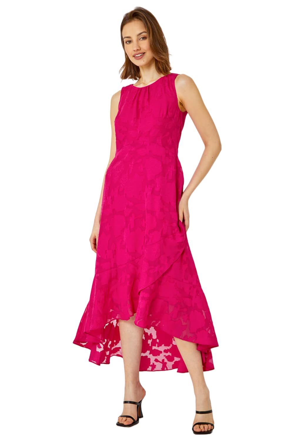 Roman Sleeveless Jacquard Dipped Hem Midi Dress for Women UK - Ladies Spring Everyday Summer Holiday Round Neckline Comfy Frill Detail Soft Frock Dinner Date Gowns - Cerise - Size 12