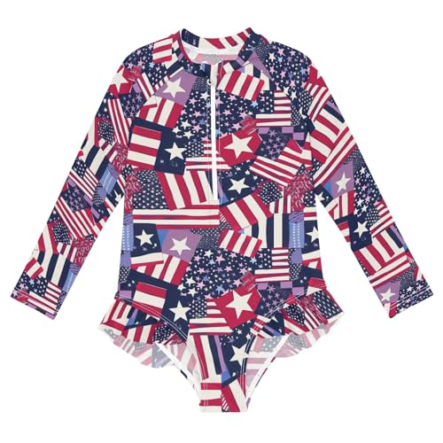 CHIFIGNO Quick Dry Girls Swimsuit One Piece American Flag Stripes and Stars Rashguard UPF 50+ Sport Bathing Suit Girls' Swimwear, 3T