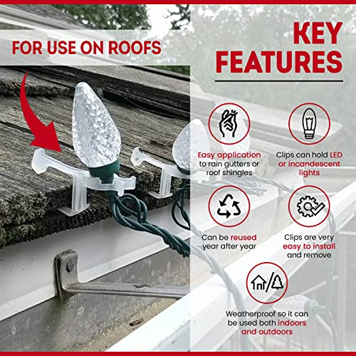 New Traditions Simplify Your Holiday All-in-One Gutter Clip Shingle Clip for Outdoor Decorations, Holiday Decorations, and C7 C9 Mini Lights- (Clear, Set of 100)