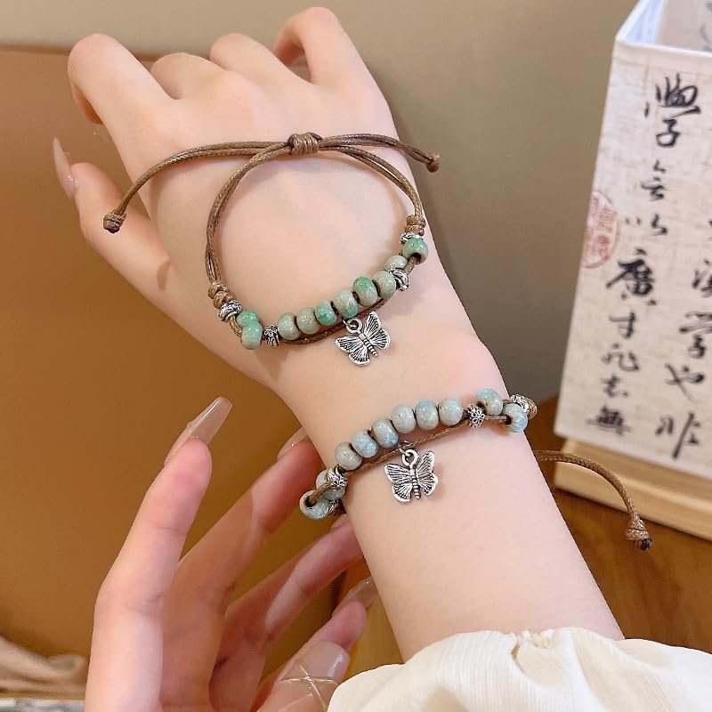 2Pcs Boho Bracelets for Women Vintage Ceramic Bead Bracelet with Butterfly Charm Braided Adjustable Rope Bracelet Light Blue & Light Green Beaded Stackable Bracelets Unique Gift for Friends - Image 4