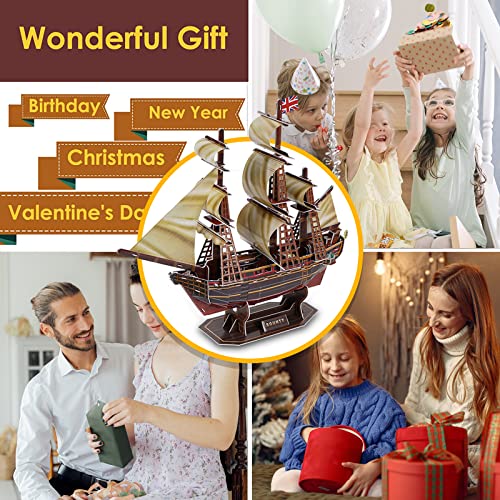 3D Puzzles For Kids Bounty Ship Sailboat Model Kit Fun Learning Toy Diy Craft 3-D Jigsaw Puzzle Desk Toy Hobbies Family Decor Christmas Birthday Gifts For Boys & Girls Kids Ages 8-10-12-14,125 Pieces #TOP6