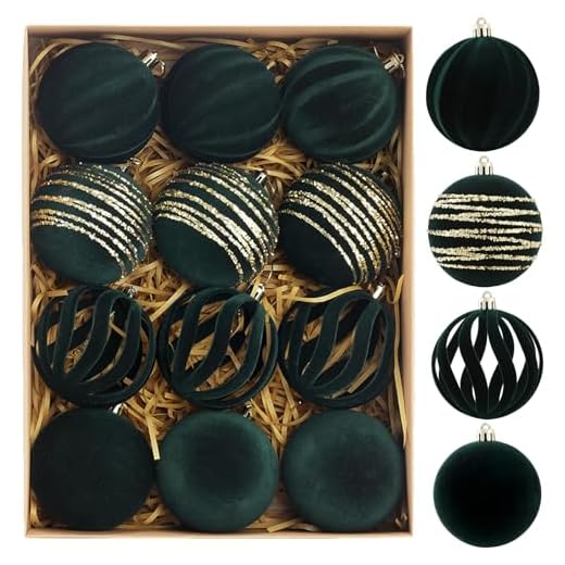 Christmas Ornaments Set of 12, 3.15" Flocked Velvet Balls with Hand Painted Designs,Emerald Green Elegant Christmas Tree Decorations in Gift Box