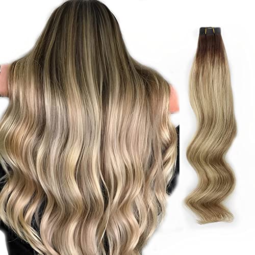 ABH AmazingBeauty Hair Remy Tape in Hair Extensions Highlighted, Semi-permanent Pre-taped Double Sided Rooted Highlight 22 Inch, Ash Brown-Beach Blonde with Dark Brown Root R3-8-613