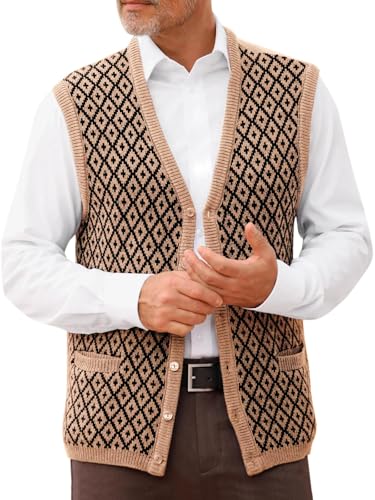 Runcati Mens Sleeveless Sweater Vest V Neck Button Down Cardigan Sweaters Knitted Argyle Vest with Pocket Khaki