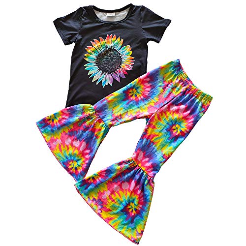Image of Yawoo Baby Toddler Girl Sunflower Tie-Dye Design Bell Bottoms Pants Set Boutique Girl Outfits