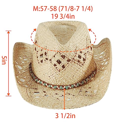 Image of Men's Cowboy Hats Summer Women Beach Cowgirl Hat Raffia Unisex Western Sun Hat