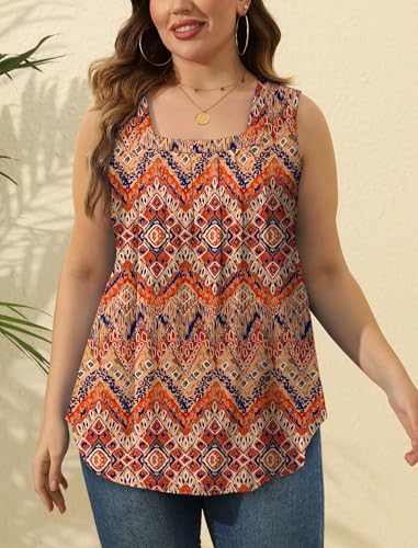 Image of Saloogoe Summer Tank Tops for Women Loose Fit Pleated Square Neck Sleeveless Tops Curved Hem Flowy