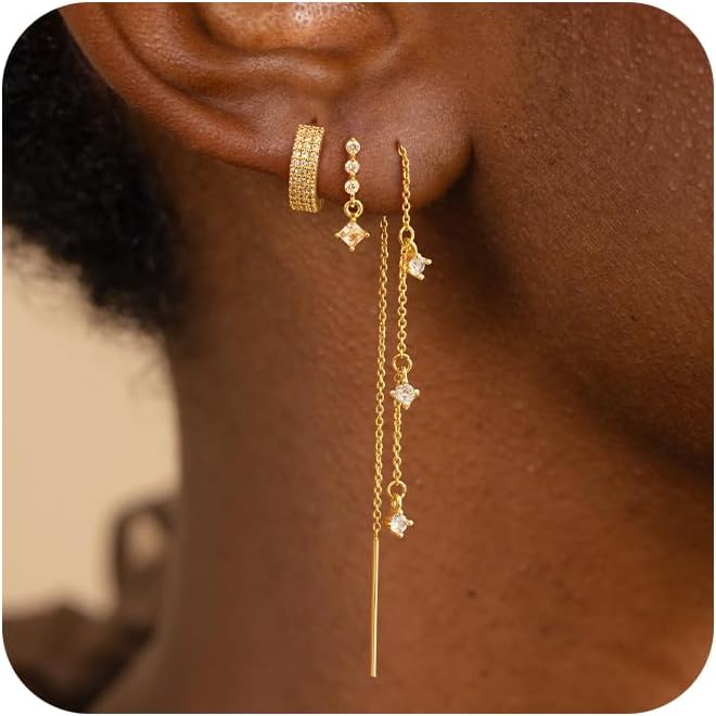 CHESKY Dangle Earrings for Women Trendy, Dainty 14K Gold Plated Chain Earrings for Womens Simple Threader Earrings Non Tarnish Hypoallergenic Long Drop Earrings Jewelry Set for Women Gifts