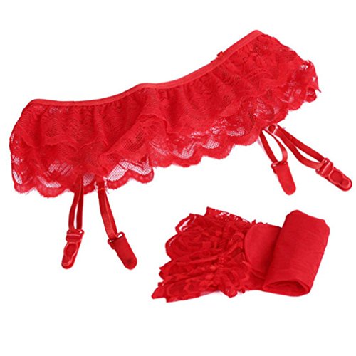 Preisvergleich Produktbild YunYoud Damen Socken, Spitze Oberschenkel-Höhen Strümpfe Einfarbig Nähen Socken Perspektive halterlose Strümpfe + Straps Strumpfband (Freie Größe, Rot)