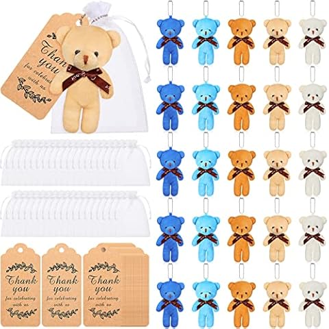 60 Pieces Mini Bear Stuffed Plush Bear Baby Shower Decorations, Tiny Bears Baby Shower Doll Favors Thank You Tag White Organza Bag for Guest Baby Shower Souvenirs Birthday Party (Bright Color) Cover