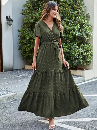 Image of MASCOMODA Women Boho Swiss Dot Maxi Dresses Wrap V Neck Flutter Short Sleeve Solid Tie Waist A Line Tiered Flowy Long Dresses