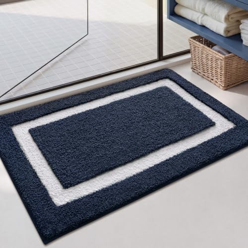 Image of Color&Geometry Navy Blue Bathroom Rugs 36x24, Extra Soft Absorbent Microfiber Bath Rugs, Non-Slip Bathroom mat, Washable Plush Bath Mats for Bathroom, Shower, Bathtub, Laundry, Blue White
