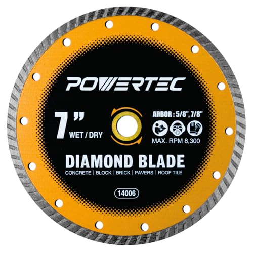 Image of POWERTEC 7 inch Turbo Diamond Saw Blade for Wet Tile Saw, Diamond Blade for Cutting Concrete, Granite, Brick, Paver, Roofing Tile, 7 inch Diamond Blades for Wet /Dry Cutting, 1 Pack (14006)