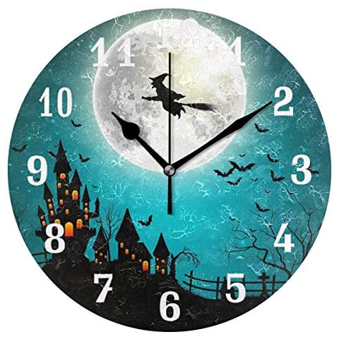 DOSHINE Reloj de pared Halloween Bruja Castillo Luna Cover