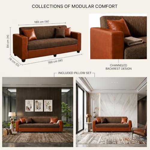 Image of Double Tone 3 Seater Sofa Couch, Upholstered Fabric & Faux Leather Sofa with Channeled Backrest, Living Room with Solid Wood Frame & Pillows, 189 cm (74 inch) Brown and Tan