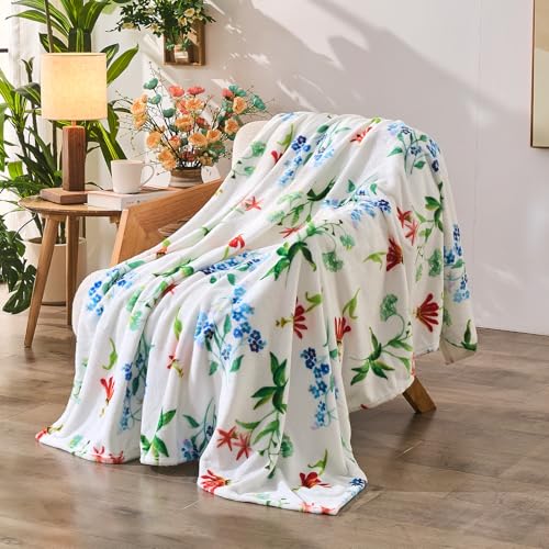 Jameswish Floral Throw Blanket Birthday Gift for Women Mom Girls Flowers Blanket Summer Wildflower Flannel Blanket Watercolor Printed Throw for Couch Sofa Bed Chair 60"x80"