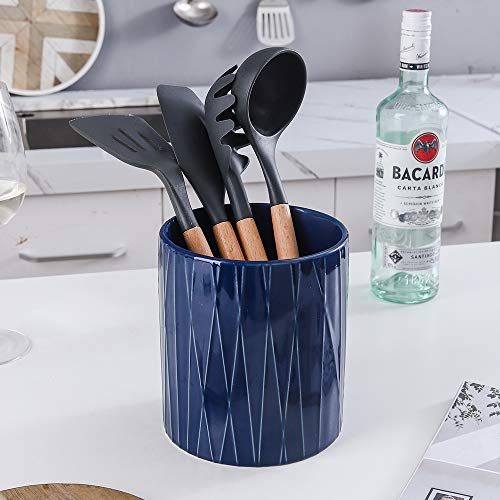 Koov Kitchen Utensil Holder, Large Ceramic Utensil Crock, Deep And Stable, Utensils Caddy Irregular Striped Series (Aegean) #TOP4