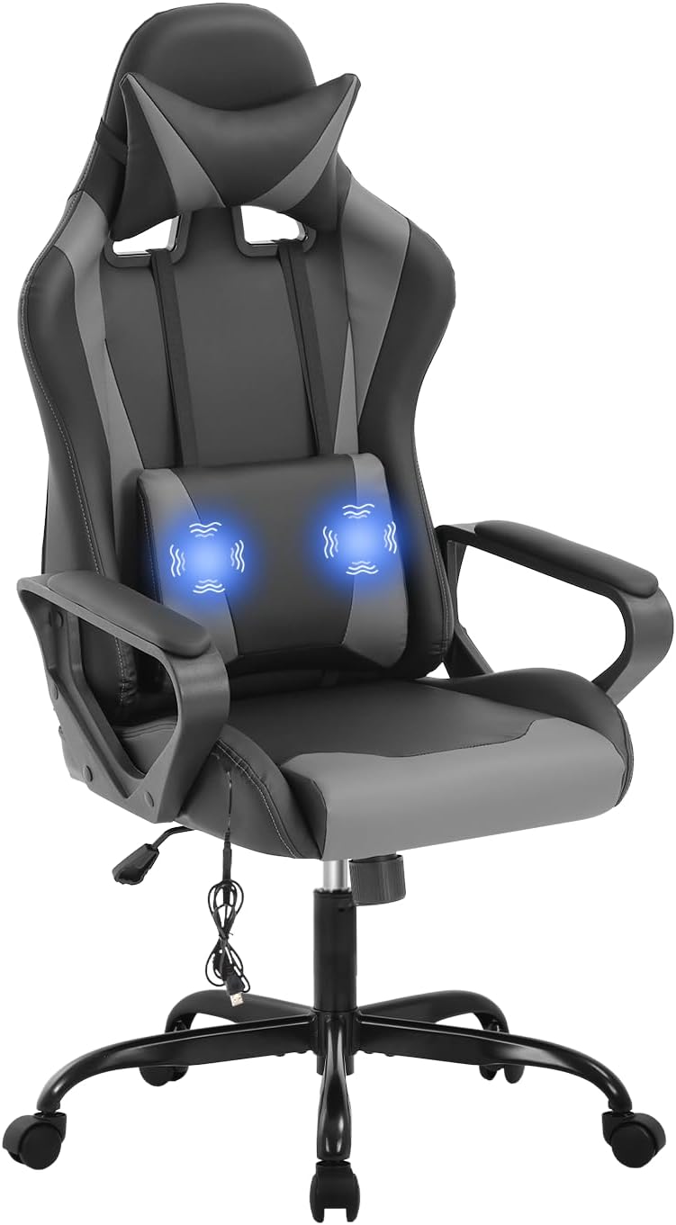 51SyICaGIVL._AC_SL1500_ Ruesleag Home Office Gaming Chair,High-Back Ergonomic PC Computer Chair w/Massage Lumbar Support Headrest PU Swivel Rolling Chair Task Executive Desk Chair for Teens Men and Adults,Grey