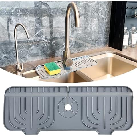Luvitory Faucet Handle Drip Catcher Silicone Mat,Faucet Splash Guard,Sink Splash Guard Kitchen Faucet Sink Drying Mat Soap Sponge Accessories Sink Tray Bathroom Bar Countertop Protection Grey Cover