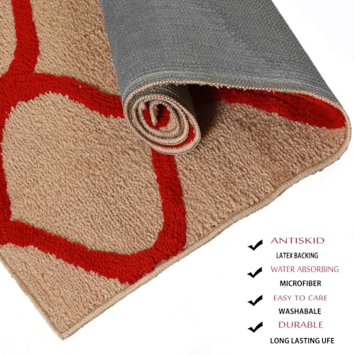 Image of Anti-Skid Bedside Runner for Bedroom Super Soft Microfiber Carpet for Bedroom, Living Room & Entrance | Washable Non-Slip Floor Mat (Beige /Red, 2x9 FT)