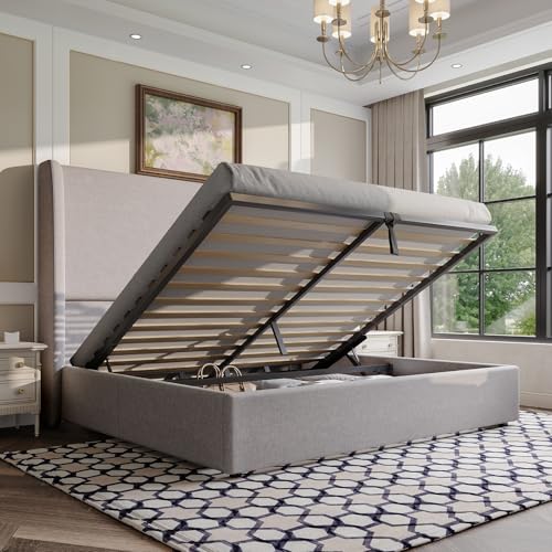 Opiniones y reviews de Cama Quinsai que Puedes Comprar On-line. 42 Amerlife - Cama de almacenamiento elevada, tamaño Queen, con plataforma tapizada, almacenamiento hidráulico, cabecero moderno con respaldo de ala, no necesita somier, gris claro