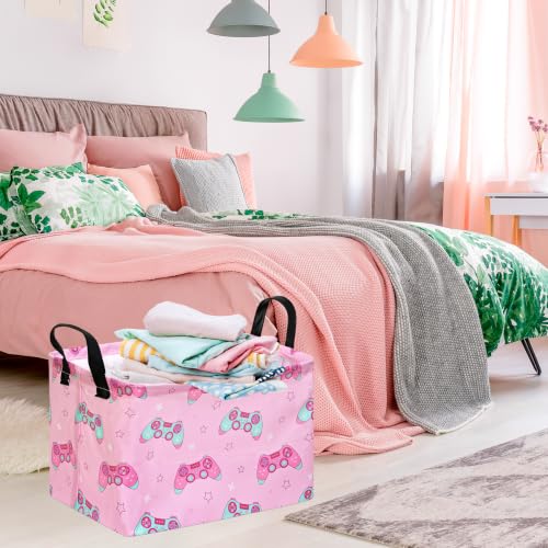 Image of MAIZMZ Girls Storage Basket,Pink Controller Print Kids Hamper,Waterproof Lining, Leather Handles, Collapsible for Gamer Girls, Toys, Clothes, Gift Basket