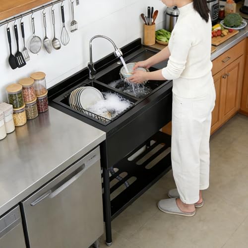 47.5in Black Stainless Steel 2-Compartment Utility Sink with Drainboard & Shelf, Freestanding Double Basin Washing Station for Laundry, Includes Hot/Cold Faucet & Drain by MilleLoom - Image 4
