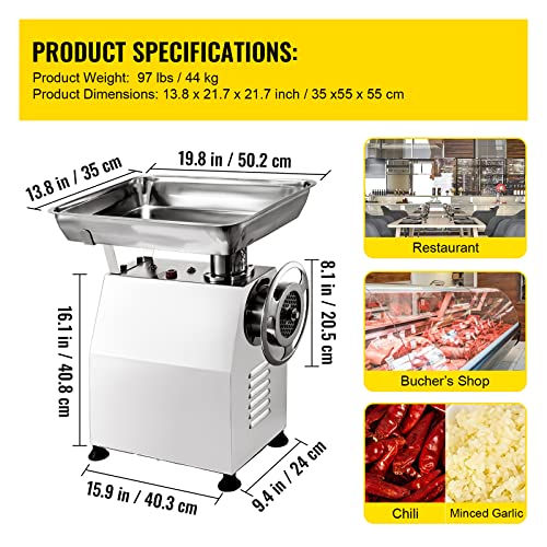 Happybuy Commercial Meat Grinder 770Lbs/H Electric Sausage Maker 2200W Stainless Steel With 2 Grinding Heads & 2 Blades For Restaurants, Supermarkets, Fast Food Stores, Butcher Shops,Silver #TOP7