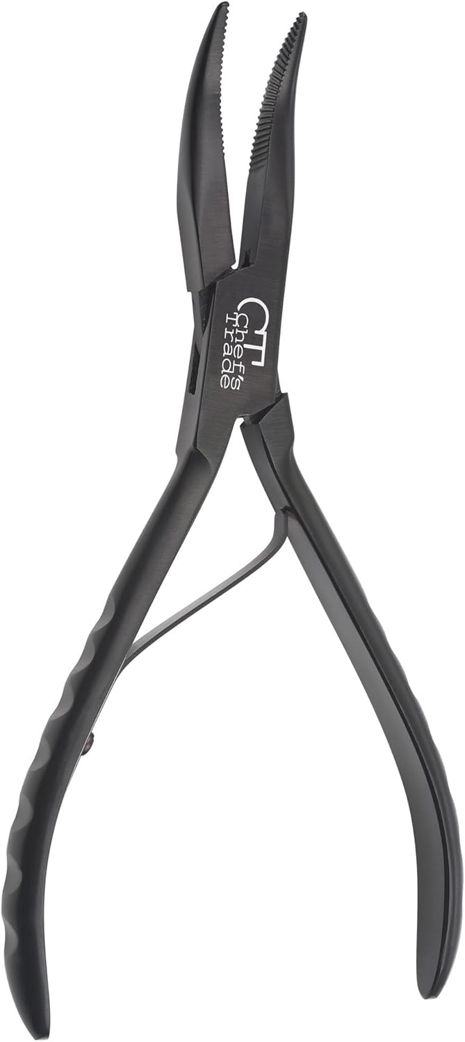 Chef's Trade Professional Fish Bone Pliers, Black Stainless Steel, Grooved and Needle Nose Tips, Dishwasher Safe Fish Deboning Tool