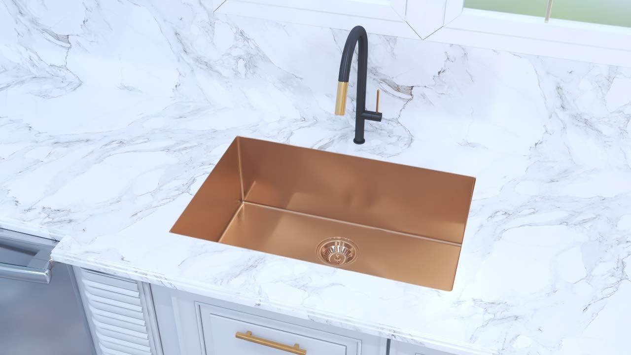 2718/BG - Brushed Gold PVD - Rectangular Undermount Single Bowl Kitchen Sink 27 inch X 18 inch 9 inch