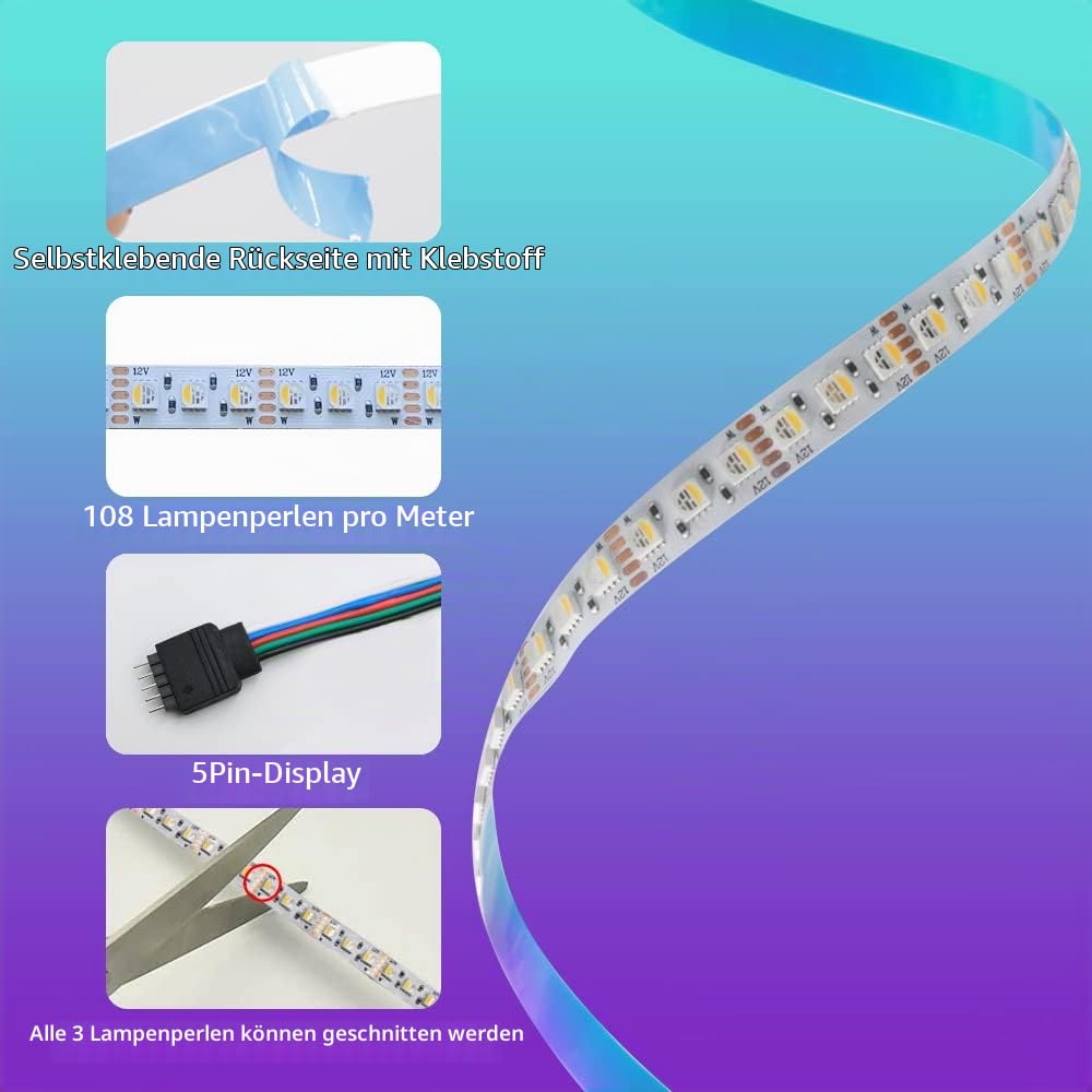 Arotelicht RGBW LED Streifen 12V 5M 108LEDs/M Super Hell RGB+Warmweiß(2700K-3000K) 4 Farben in 1 LED Band 5050SMD Selbstklebend IP20 Nicht wasserdicht LED Licht Streifen Lichtband Leiste Band Für Deko