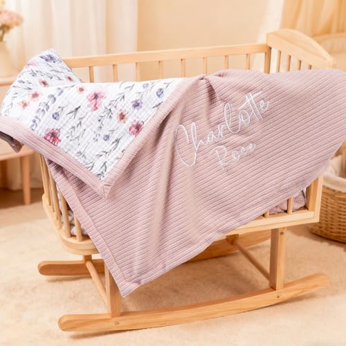 Image of Personalized Baby Blanket with Name - Custom Knit Blanket, 27x40in Floral Embroidered Nursery Blanket for Girls - Customized Baby Blanket, Soft Newborn Gift & Custom Baby Gifts (Baby Pink)