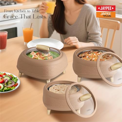 Image of JAYPEE Kingston Klass Stitched Leather Luxurious Outer & Inner Stainless Steel Casserole Set of 3 with Glass Lid (1500+2000+2500) ml PUF Insulated Serving casserole Set Roti Box Hot Box BPA Free,Brown