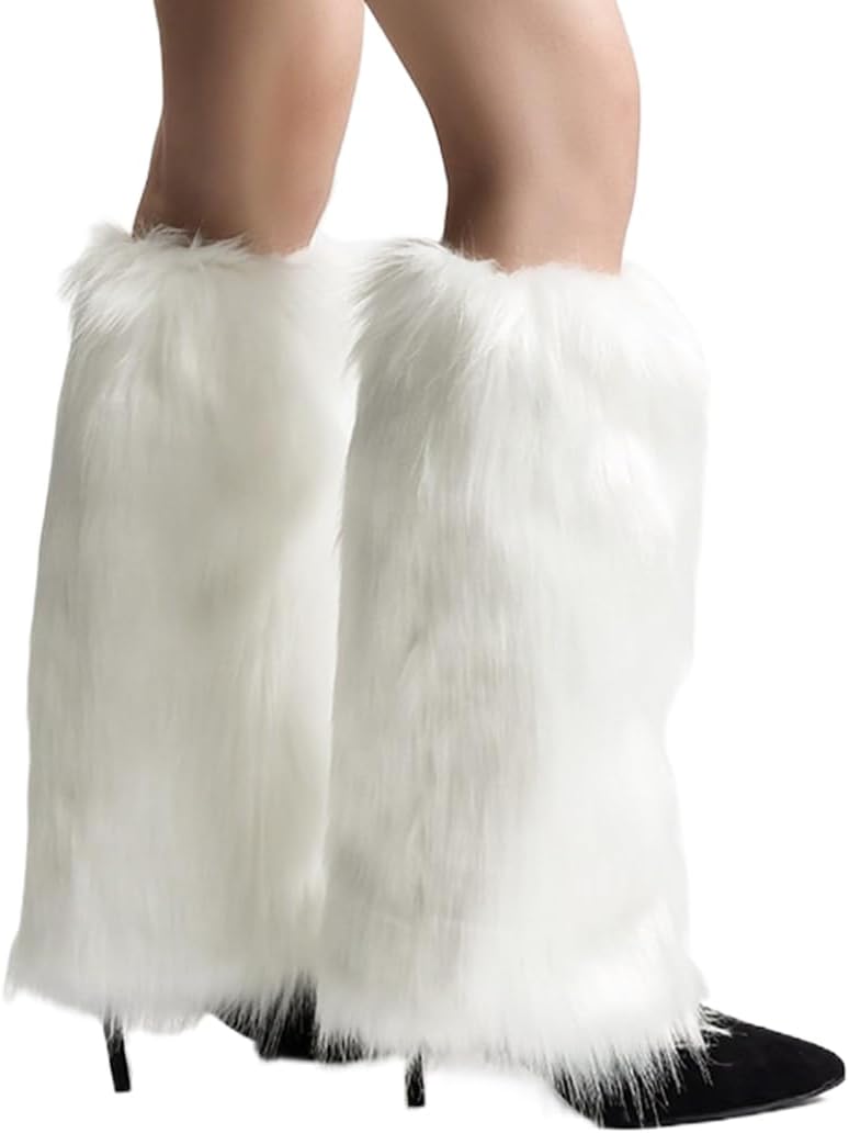 Abien Fluffy Leg Warmers White Fuzzy Fur Leg Warmers Fluffy Long Boot Covers Rave Christmas Party Costumes for Women