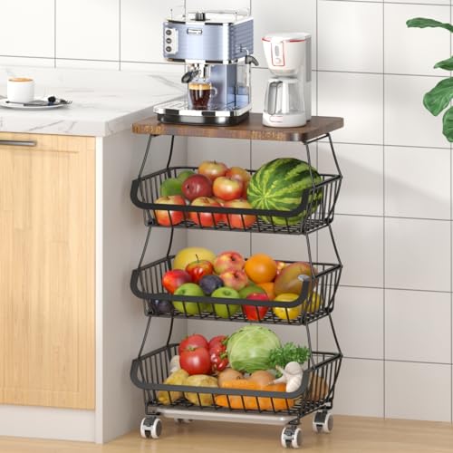 CHLORYARD Fruit Basket with Wooden Lid for Kitchen, 4-Tier Stackable Wire Fruit Vegetable Storage Basket Organizer Stand on Wheel, Produce Basket Potato Onion Storage Bins Rack Cart for Pantry by CHLORYARD - Used condition - US$36.61