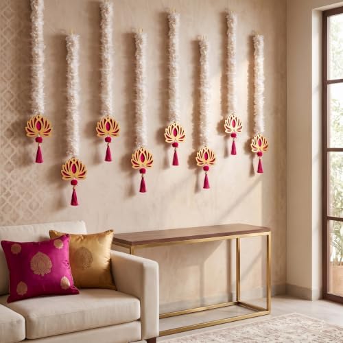 Image of JH Gallery Golden Floral Lotus for Ganpati Decoration Items for Home - Handmade Ganesh Chaturthi Backdrop Decoration, Mandir & Balcony Hanging (24 Inch, Pack of 8)