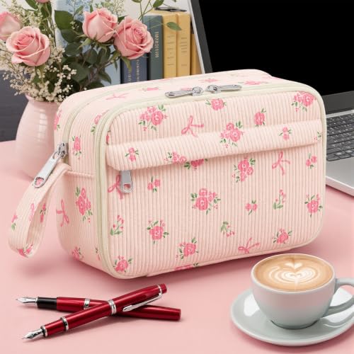 Image of WOBAGMEN Cute Pencil Case,Large Corduroy Zippered Pencil Case Pouch, aesthetic Pencil Bag with Compartments(Pink Bow Floral)