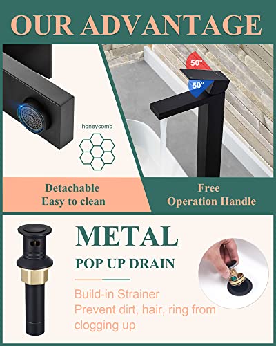 Kuzor Vessel Sink Faucet Matte Black, Single Hole 1 Handle Tall Bathroom Faucets With Metal Pop Up Drain, 304 Stainless Steel Square Modern Faucet For Bowl Sink 12.5 Inch #TOP2